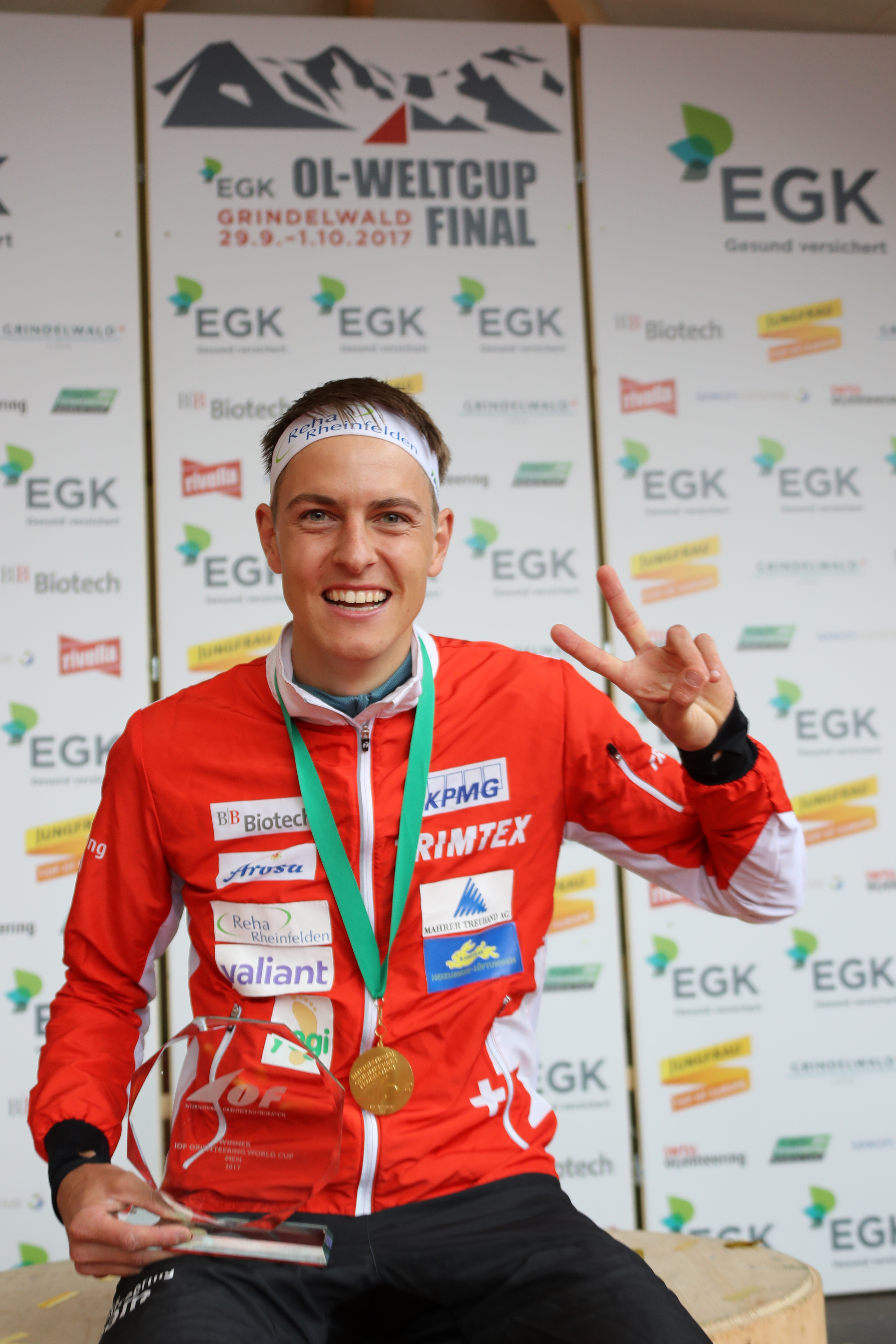 Matthias Kyburz (SUI), Winner over all, captured at the Price Giving Ceremony IOF Orienteering World Cup 2017
