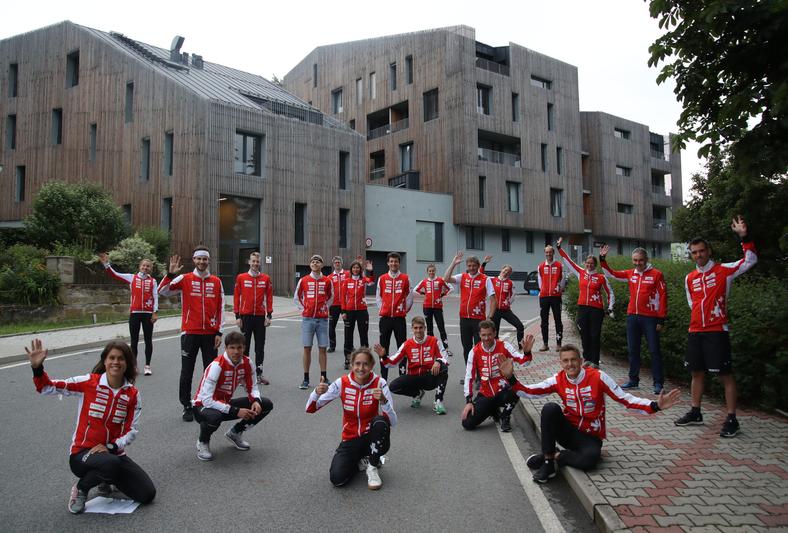 The Swiss Orienteering National Team (in front of Lakepark Residence in Stare Splavy)